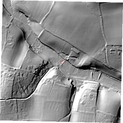 Shaded relief map of the ground around RH56RE, computed from Environment Agency LiDAR. The ground here sits at about 105 m above sea level and falls 45 m across the surrounding 800 m. Surface water reaching this point runs off ground lying to the north-north-east, 37.3 m higher.