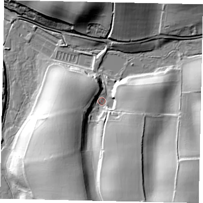 Shaded relief map of the ground around RH56SJ, computed from Environment Agency LiDAR. The ground here sits at about 99 m above sea level and falls 43 m across the surrounding 800 m. Surface water reaching this point runs off ground lying to the south-south-east, 30.7 m higher.