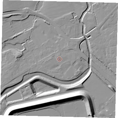 Shaded relief map of the ground around RH60AD, computed from Environment Agency LiDAR. The ground here sits at about 56 m above sea level and falls 20 m across the surrounding 800 m. Surface water reaching this point runs off ground lying to the north-north-west, 0.8 m higher.