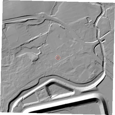 Shaded relief map of the ground around RH60AE, computed from Environment Agency LiDAR. The ground here sits at about 56 m above sea level and falls 20 m across the surrounding 800 m. Surface water reaching this point runs off ground lying to the east-south-east, 1.6 m higher.