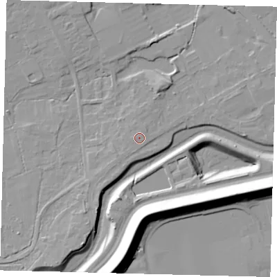 Shaded relief map of the ground around RH60AG, computed from Environment Agency LiDAR. The ground here sits at about 57 m above sea level and falls 20 m across the surrounding 800 m. Surface water reaching this point runs off ground lying to the south-west, 1.0 m higher.