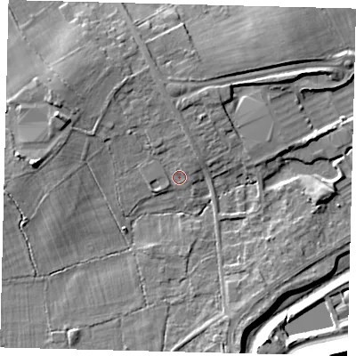 Shaded relief map of the ground around RH60AP, computed from Environment Agency LiDAR. The ground here sits at about 56 m above sea level and falls 17 m across the surrounding 800 m. Surface water reaching this point runs off ground lying to the north, 2.6 m higher.