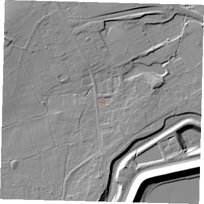 Shaded relief map of the ground around RH60AR, computed from Environment Agency LiDAR. The ground here sits at about 55 m above sea level and falls 20 m across the surrounding 800 m. Surface water reaching this point runs off ground lying to the south, 4.8 m higher.