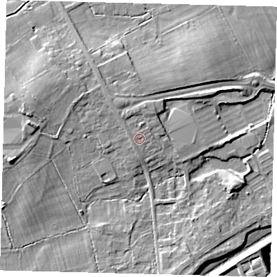 Shaded relief map of the ground around RH60AS, computed from Environment Agency LiDAR. The ground here sits at about 57 m above sea level and falls 11 m across the surrounding 800 m. Surface water reaching this point runs off ground lying to the north, 1.5 m higher.