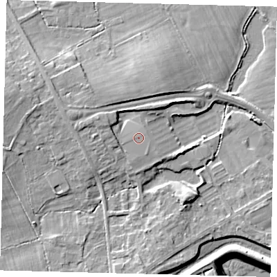 Shaded relief map of the ground around RH60AT, computed from Environment Agency LiDAR. The ground here sits at about 57 m above sea level and falls 10 m across the surrounding 800 m. Surface water reaching this point runs off ground lying to the west-south-west, 0.7 m higher.