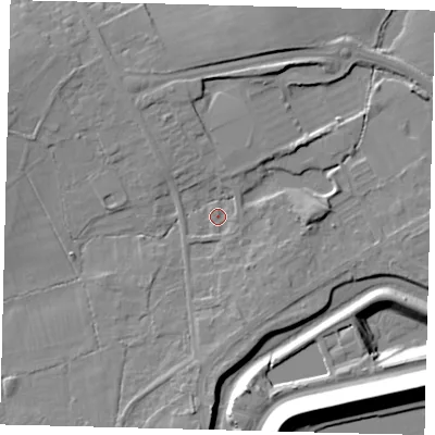 Shaded relief map of the ground around RH60AW, computed from Environment Agency LiDAR. The ground here sits at about 55 m above sea level and falls 20 m across the surrounding 800 m. Surface water reaching this point runs off ground lying to the west-south-west, 1.7 m higher.