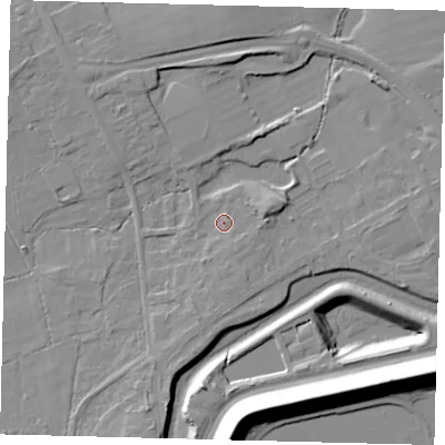 Shaded relief map of the ground around RH60AZ, computed from Environment Agency LiDAR. The ground here sits at about 56 m above sea level and falls 20 m across the surrounding 800 m. Surface water reaching this point runs off ground lying to the south, 2.3 m higher.