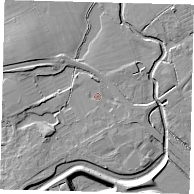 Shaded relief map of the ground around RH60BA, computed from Environment Agency LiDAR. The ground here sits at about 55 m above sea level and falls 11 m across the surrounding 800 m. Surface water reaching this point runs off ground lying to the south-west, 3.6 m higher.