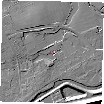 Shaded relief map of the ground around RH60BB, computed from Environment Agency LiDAR. The ground here sits at about 55 m above sea level and falls 20 m across the surrounding 800 m. Surface water reaching this point runs off ground lying to the south-south-west, 4.3 m higher.