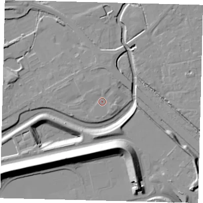 Shaded relief map of the ground around RH60BE, computed from Environment Agency LiDAR. The ground here sits at about 56 m above sea level and falls 20 m across the surrounding 800 m. Surface water reaching this point runs off ground lying to the north-north-east, 1.6 m higher.