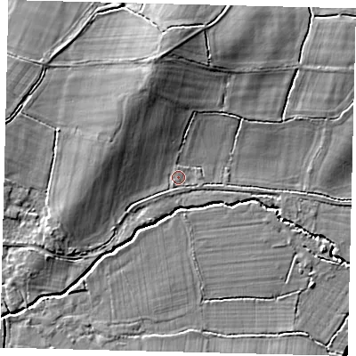 Shaded relief map of the ground around RH60BJ, computed from Environment Agency LiDAR. The ground here sits at about 60 m above sea level and falls 10 m across the surrounding 800 m. Surface water reaching this point runs off ground lying to the north-north-west, 6.0 m higher.