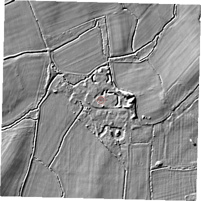 Shaded relief map of the ground around RH60BN, computed from Environment Agency LiDAR. The ground here sits at about 57 m above sea level and falls 6 m across the surrounding 800 m. Surface water reaching this point runs off ground lying to the east, 5.6 m higher.