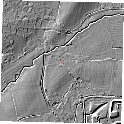 Shaded relief map of the ground around RH60BT, computed from Environment Agency LiDAR. The ground here sits at about 61 m above sea level and falls 9 m across the surrounding 800 m. The ground contributing surface water to this point lies to the east-south-east.
