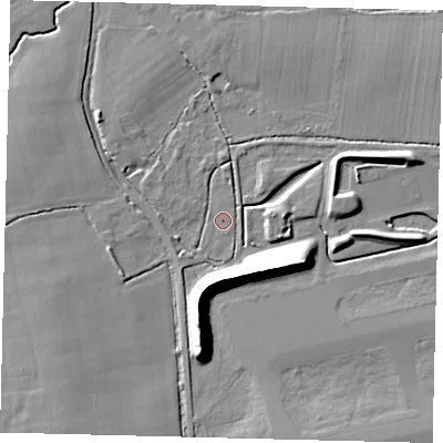 Shaded relief map of the ground around RH60BU, computed from Environment Agency LiDAR. The ground here sits at about 59 m above sea level and falls 13 m across the surrounding 800 m. Surface water reaching this point runs off ground lying to the south-west, 6.6 m higher.