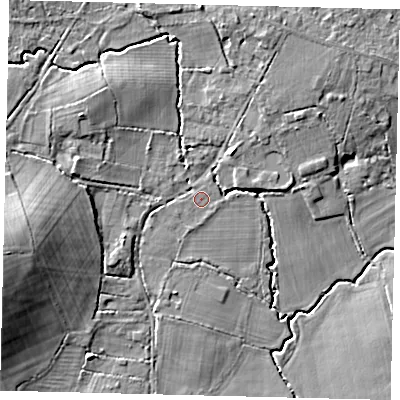 Shaded relief map of the ground around RH60DH, computed from Environment Agency LiDAR. The ground here sits at about 64 m above sea level and falls 15 m across the surrounding 800 m. The ground contributing surface water to this point lies to the west-north-west.