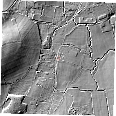 Shaded relief map of the ground around RH60DL, computed from Environment Agency LiDAR. The ground here sits at about 64 m above sea level and falls 17 m across the surrounding 800 m. Surface water reaching this point runs off ground lying to the west-north-west, 14.1 m higher.