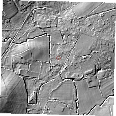 Shaded relief map of the ground around RH60DP, computed from Environment Agency LiDAR. The ground here sits at about 65 m above sea level and falls 15 m across the surrounding 800 m. Surface water reaching this point runs off ground lying to the north, 3.5 m higher.