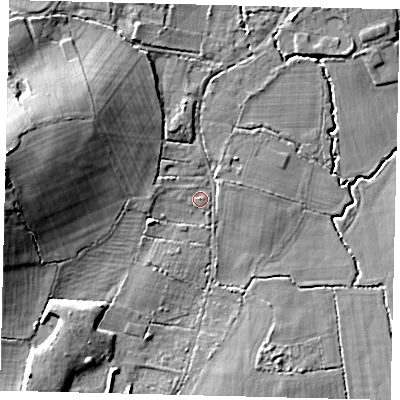 Shaded relief map of the ground around RH60DR, computed from Environment Agency LiDAR. The ground here sits at about 64 m above sea level and falls 20 m across the surrounding 800 m. Surface water reaching this point runs off ground lying to the west, 17.6 m higher.