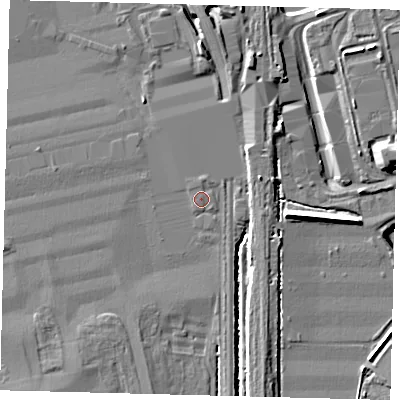 Shaded relief map of the ground around RH60DW, computed from Environment Agency LiDAR. The ground here sits at about 59 m above sea level and falls 8 m across the surrounding 800 m. Surface water reaching this point runs off ground lying to the east-north-east, 2.7 m higher.