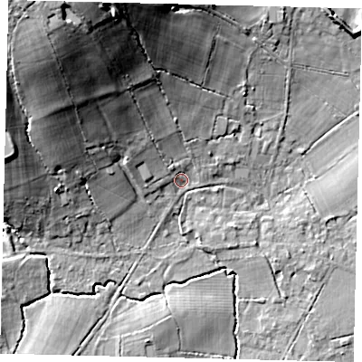 Shaded relief map of the ground around RH60EF, computed from Environment Agency LiDAR. The ground here sits at about 68 m above sea level and falls 34 m across the surrounding 800 m. Surface water reaching this point runs off ground lying to the north-north-west, 29.6 m higher.