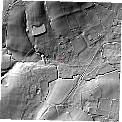 Shaded relief map of the ground around RH60EG, computed from Environment Agency LiDAR. The ground here sits at about 68 m above sea level and falls 30 m across the surrounding 800 m. Surface water reaching this point runs off ground lying to the north-north-west, 14.8 m higher.