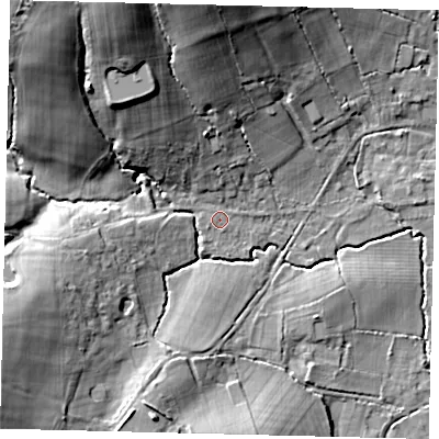 Shaded relief map of the ground around RH60EH, computed from Environment Agency LiDAR. The ground here sits at about 68 m above sea level and falls 28 m across the surrounding 800 m. Surface water reaching this point runs off ground lying to the north-north-west, 15.0 m higher.