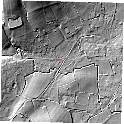 Shaded relief map of the ground around RH60EJ, computed from Environment Agency LiDAR. The ground here sits at about 66 m above sea level and falls 29 m across the surrounding 800 m. Surface water reaching this point runs off ground lying to the north-west, 24.9 m higher.