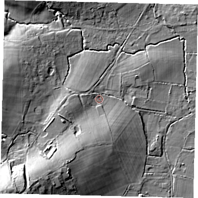 Shaded relief map of the ground around RH60EW, computed from Environment Agency LiDAR. The ground here sits at about 69 m above sea level and falls 30 m across the surrounding 800 m. Surface water reaching this point runs off ground lying to the south-west, 16.6 m higher.