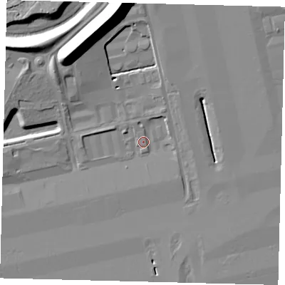 Shaded relief map of the ground around RH60EY, computed from Environment Agency LiDAR. The ground here sits at about 57 m above sea level and falls 17 m across the surrounding 800 m. Surface water reaching this point runs off ground lying to the north-north-west, 14.9 m higher.