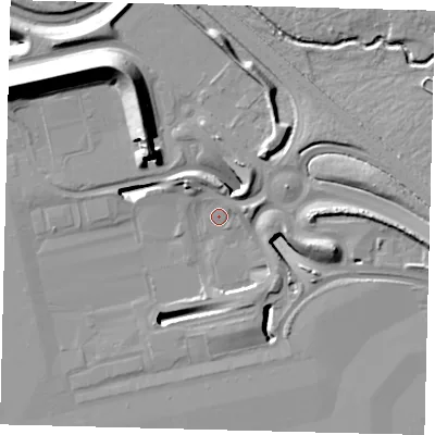 Shaded relief map of the ground around RH60GQ, computed from Environment Agency LiDAR. The ground here sits at about 57 m above sea level and falls 20 m across the surrounding 800 m. Surface water reaching this point runs off ground lying to the north-west, 9.0 m higher.