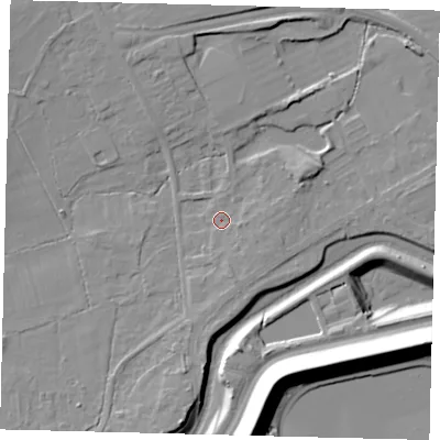 Shaded relief map of the ground around RH60GS, computed from Environment Agency LiDAR. The ground here sits at about 56 m above sea level and falls 20 m across the surrounding 800 m. Surface water reaching this point runs off ground lying to the south-south-east, 2.6 m higher.