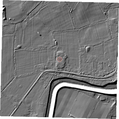 Shaded relief map of the ground around RH60GT, computed from Environment Agency LiDAR. The ground here sits at about 57 m above sea level and falls 10 m across the surrounding 800 m. The ground contributing surface water to this point lies to the north-north-east.