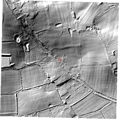 Shaded relief map of the ground around RH60HN, computed from Environment Agency LiDAR. The ground here sits at about 63 m above sea level and falls 34 m across the surrounding 800 m. Surface water reaching this point runs off ground lying to the north-west, 24.5 m higher.
