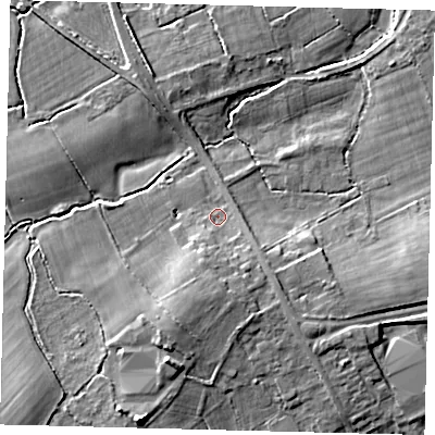 Shaded relief map of the ground around RH60HQ, computed from Environment Agency LiDAR. The ground here sits at about 56 m above sea level and falls 9 m across the surrounding 800 m. Surface water reaching this point runs off ground lying to the south, 4.3 m higher.