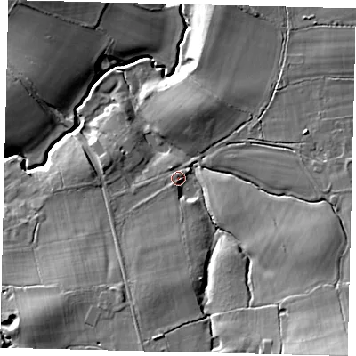 Shaded relief map of the ground around RH60HR, computed from Environment Agency LiDAR. The ground here sits at about 56 m above sea level and falls 23 m across the surrounding 800 m. Surface water reaching this point runs off ground lying to the south-east, 19.2 m higher.