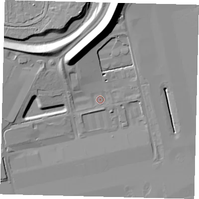 Shaded relief map of the ground around RH60JE, computed from Environment Agency LiDAR. The ground here sits at about 57 m above sea level and falls 17 m across the surrounding 800 m. Surface water reaching this point runs off ground lying to the north-west, 8.2 m higher.