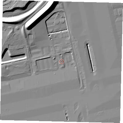 Shaded relief map of the ground around RH60JH, computed from Environment Agency LiDAR. The ground here sits at about 57 m above sea level and falls 17 m across the surrounding 800 m. Surface water reaching this point runs off ground lying to the north, 15.0 m higher.