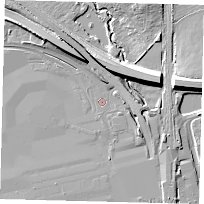 Shaded relief map of the ground around RH60JJ, computed from Environment Agency LiDAR. The ground here sits at about 58 m above sea level and falls 13 m across the surrounding 800 m. Surface water reaching this point runs off ground lying to the east, 4.8 m higher.