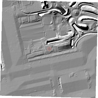 Shaded relief map of the ground around RH60JN, computed from Environment Agency LiDAR. The ground here sits at about 57 m above sea level and falls 17 m across the surrounding 800 m. The ground contributing surface water to this point lies to the north-east.
