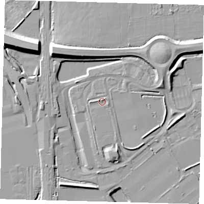 Shaded relief map of the ground around RH60LA, computed from Environment Agency LiDAR. The ground here sits at about 59 m above sea level and falls 13 m across the surrounding 800 m. Surface water reaching this point runs off ground lying to the west-north-west, 1.5 m higher.