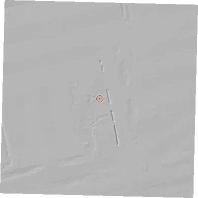 Shaded relief map of the ground around RH60LD, computed from Environment Agency LiDAR. The ground here sits at about 58 m above sea level and falls 4 m across the surrounding 800 m. Surface water reaching this point runs off ground lying to the south-south-east, 3.2 m higher.