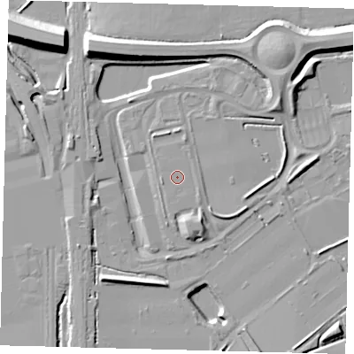 Shaded relief map of the ground around RH60LL, computed from Environment Agency LiDAR. The ground here sits at about 60 m above sea level and falls 13 m across the surrounding 800 m. The ground contributing surface water to this point lies to the north-north-west.