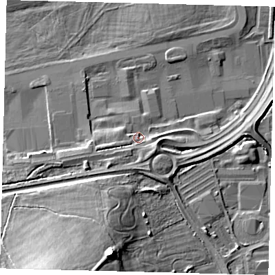 Shaded relief map of the ground around RH60LP, computed from Environment Agency LiDAR. The ground here sits at about 62 m above sea level and falls 18 m across the surrounding 800 m. Surface water reaching this point runs off ground lying to the west-south-west, 2.8 m higher.