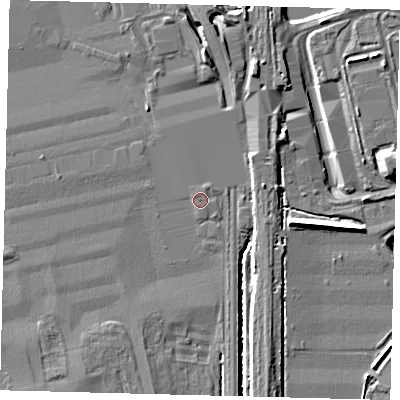 Shaded relief map of the ground around RH60LX, computed from Environment Agency LiDAR. The ground here sits at about 59 m above sea level and falls 8 m across the surrounding 800 m. The ground contributing surface water to this point lies to the north-north-east.