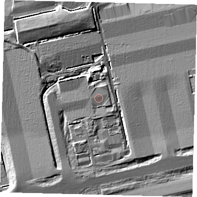Shaded relief map of the ground around RH60ND, computed from Environment Agency LiDAR. The ground here sits at about 58 m above sea level and falls 5 m across the surrounding 800 m. The ground contributing surface water to this point lies to the west.