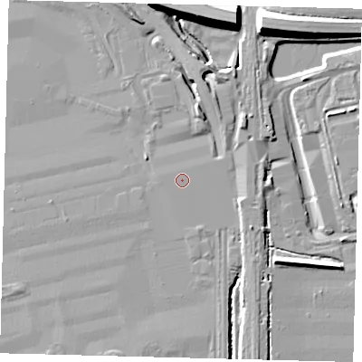 Shaded relief map of the ground around RH60NN, computed from Environment Agency LiDAR. The ground here sits at about 59 m above sea level and falls 12 m across the surrounding 800 m. The ground contributing surface water to this point lies to the west.