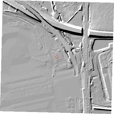 Shaded relief map of the ground around RH60NP, computed from Environment Agency LiDAR. The ground here sits at about 59 m above sea level and falls 12 m across the surrounding 800 m. The ground contributing surface water to this point lies to the west.
