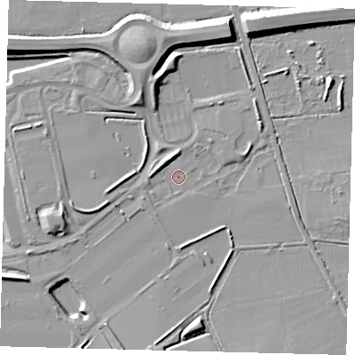 Shaded relief map of the ground around RH60NT, computed from Environment Agency LiDAR. The ground here sits at about 58 m above sea level and falls 11 m across the surrounding 800 m. Surface water reaching this point runs off ground lying to the north-north-west, 3.0 m higher.