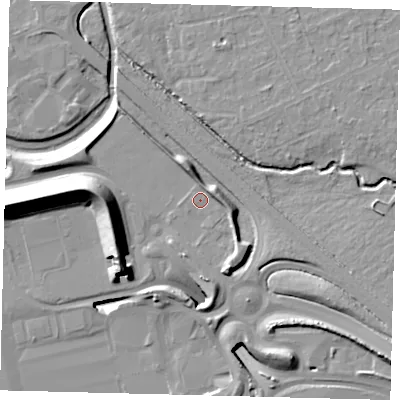 Shaded relief map of the ground around RH60NX, computed from Environment Agency LiDAR. The ground here sits at about 57 m above sea level and falls 18 m across the surrounding 800 m. Surface water reaching this point runs off ground lying to the south-west, 15.6 m higher.