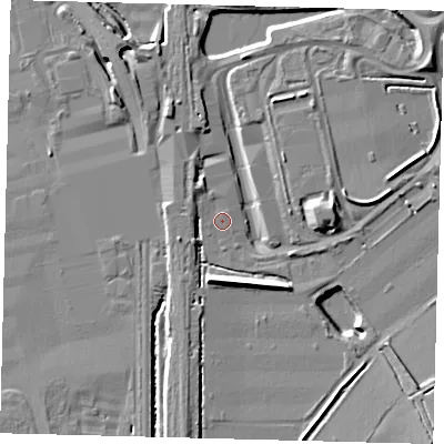 Shaded relief map of the ground around RH60NY, computed from Environment Agency LiDAR. The ground here sits at about 58 m above sea level and falls 9 m across the surrounding 800 m. Surface water reaching this point runs off ground lying to the south, 8.2 m higher.